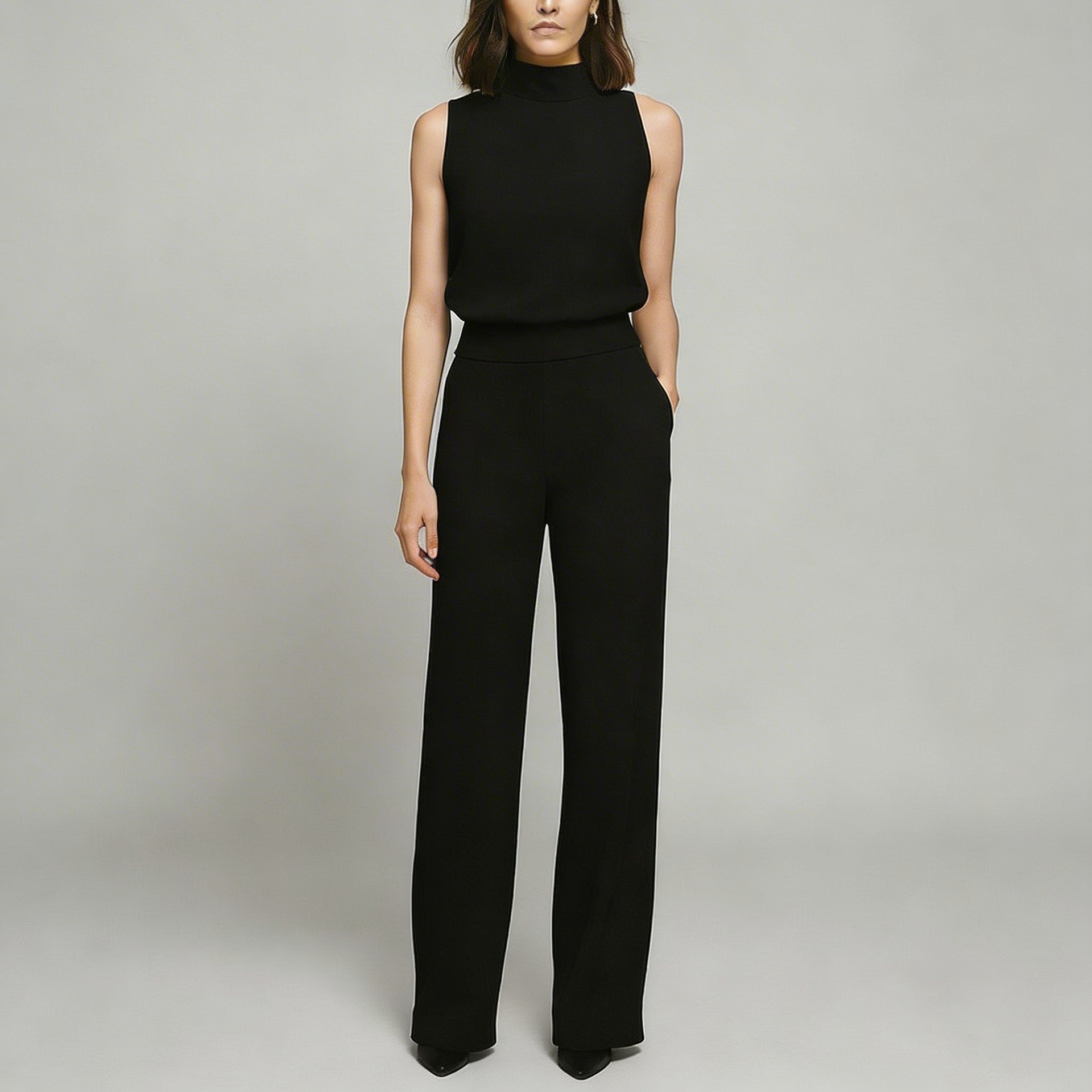 Platomer | Hög midja jumpsuit med vida ben och ärmlös stil