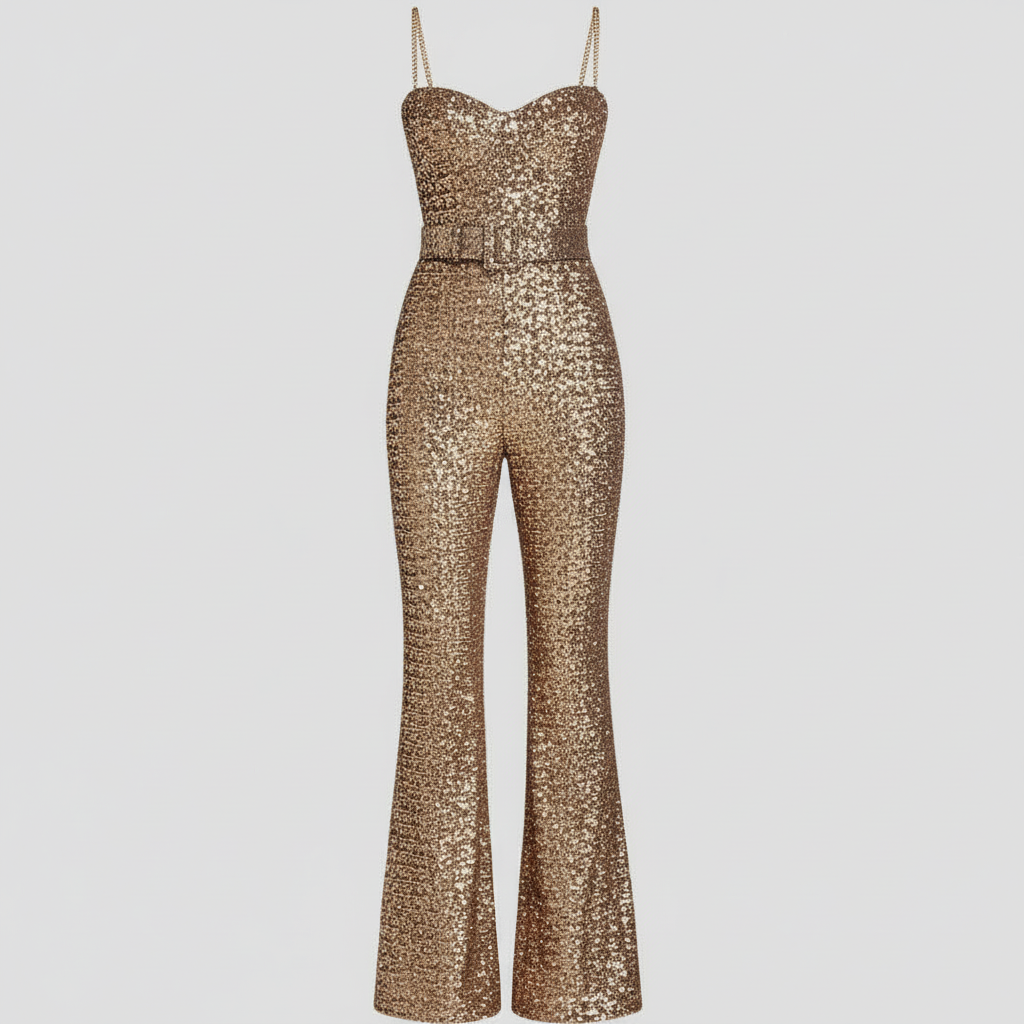 Platomer | Utsvängda ben, justerbara remmar, paljetter ealegant jumpsuit