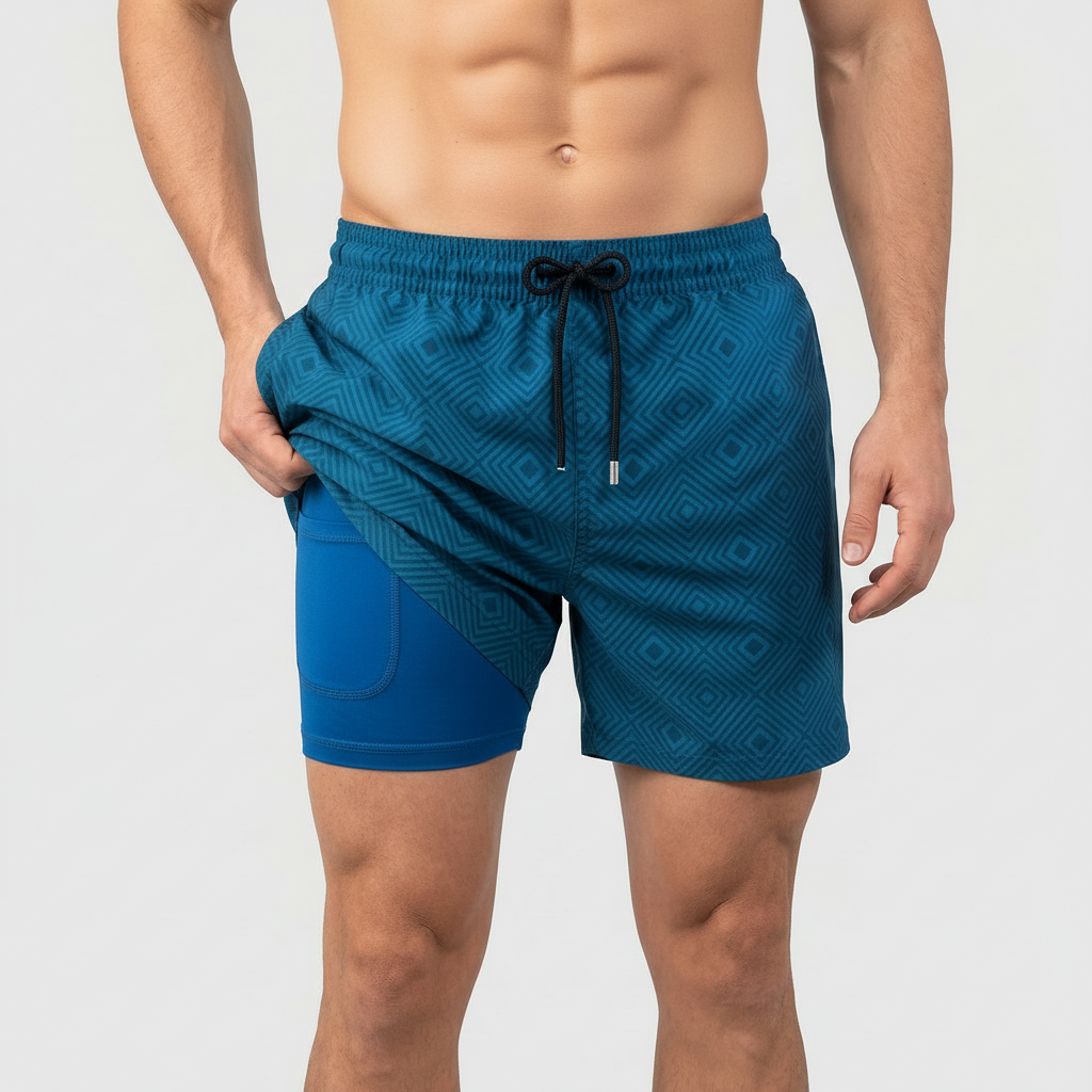 Badshorts herr med innerbyxa och kompression, snabbtorkande med ficka, för simning och stranden - Blå