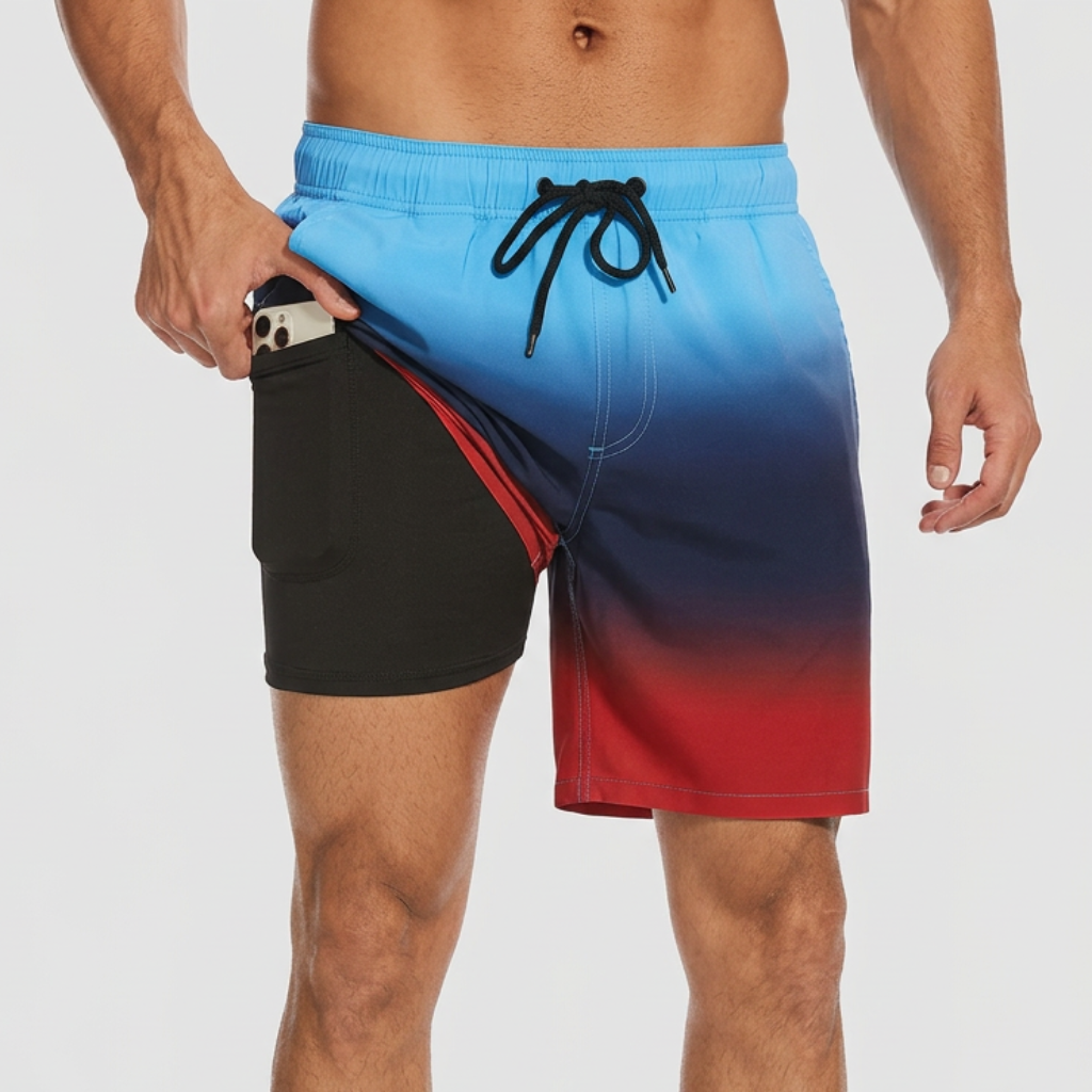 Badshorts herr med innerbyxa och kompression, snabbtorkande med ficka, för simning och stranden - Ljusblå