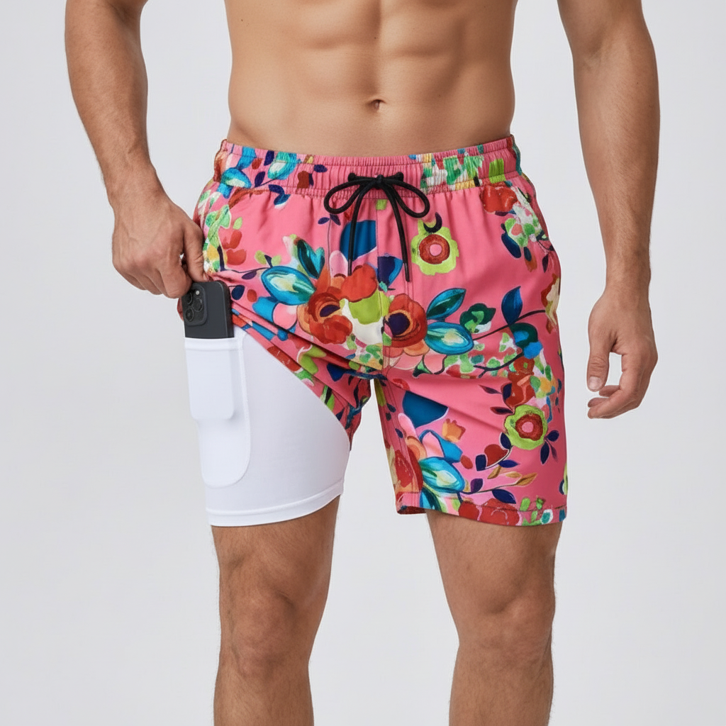 Badshorts herr med innerbyxa och kompression, snabbtorkande med ficka, för simning och stranden - Rosa
