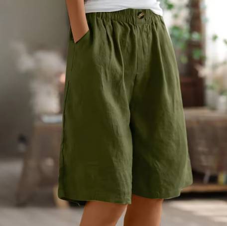 Bermudashorts för dam med resår i midjan, knälånga och ledigt sittande, för sommar och semester - Ljusgrön