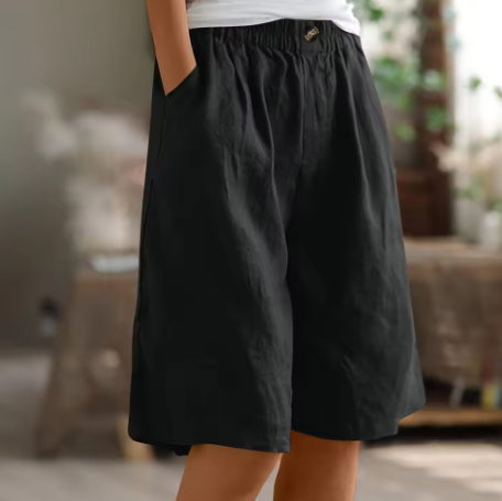 Bermudashorts för dam med resår i midjan, knälånga och ledigt sittande, för sommar och semester - Svart
