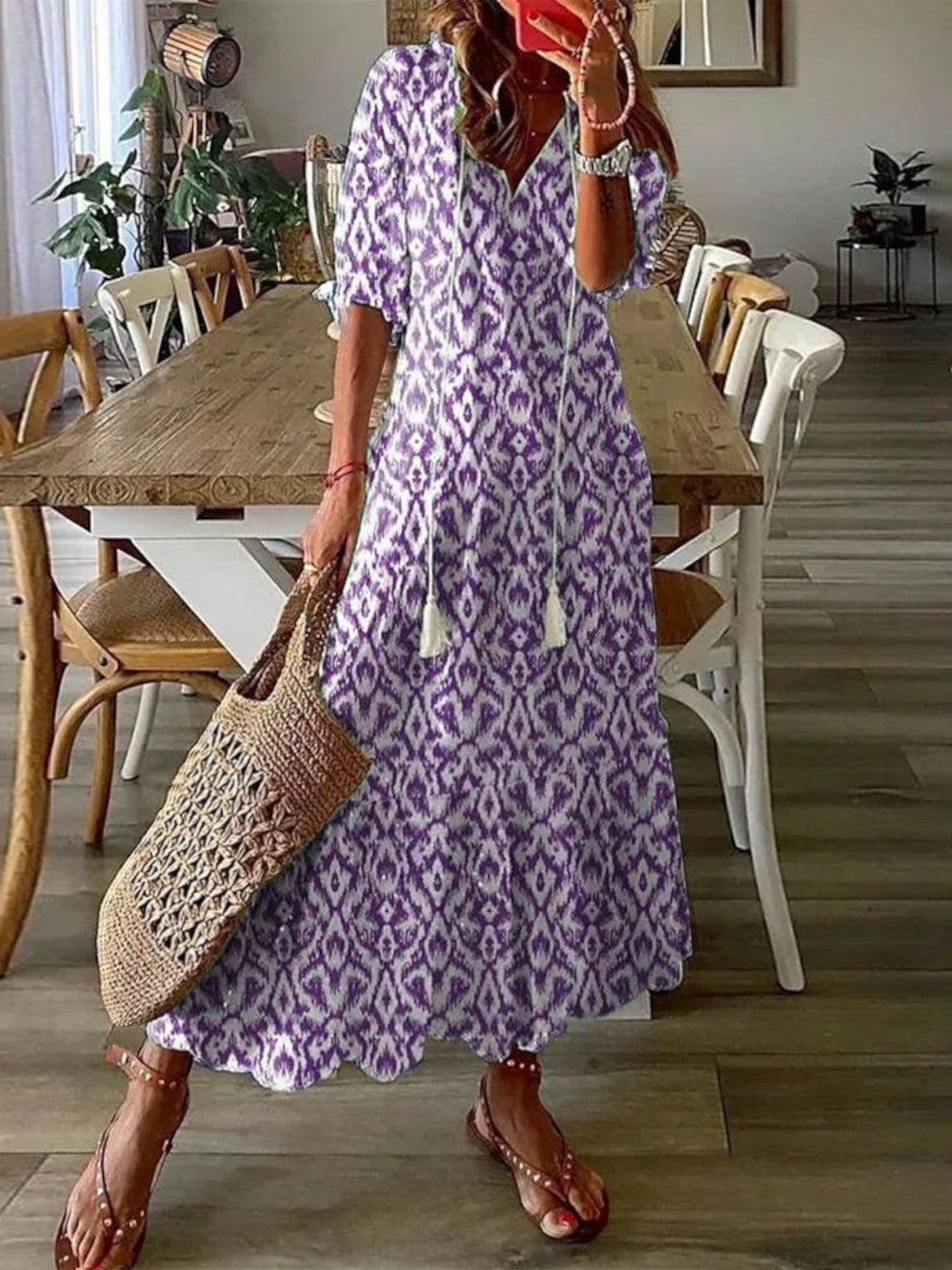 Boho maxiklänning dam med v-ringning, mönstrad sommarklänning till strand och semester - Lila