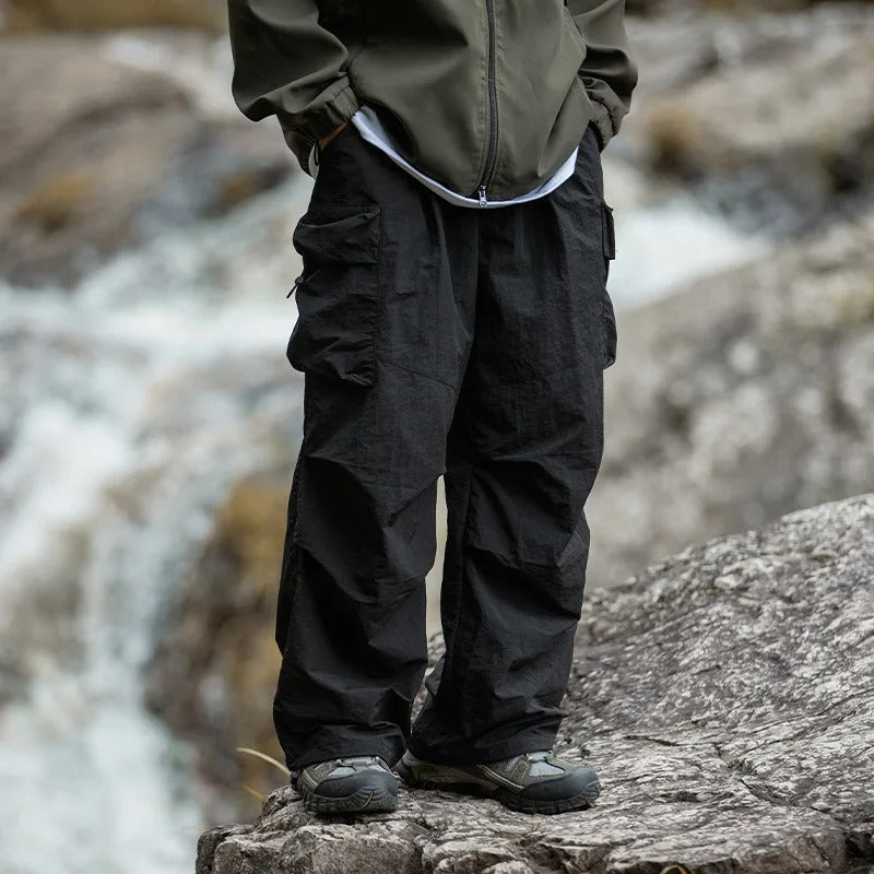 Cargobyxor herr med baggy passform och sidofickor, loose fit för vardag och uteliv - Svart