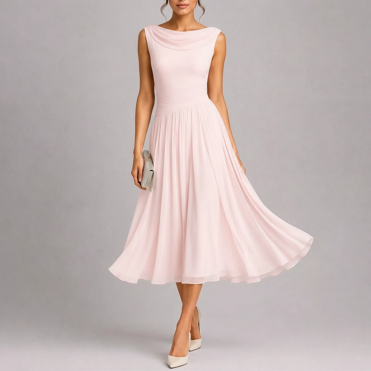 Elegant midiklänning dam, ärmlös och plisserad med båtringning, festklänning till bröllop - Rosa