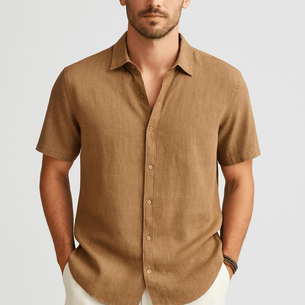 Kortärmad skjorta herr med knäppning och bröstficka, klassisk enfärgad sommarskjorta - Khaki