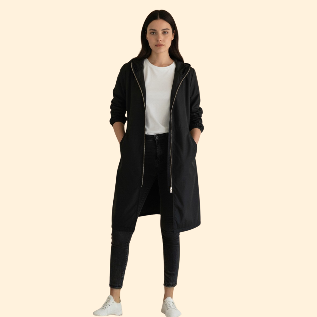Lång jacka dam med huva i A-linje, vår- och höstjacka i syntetmaterial - Svart
