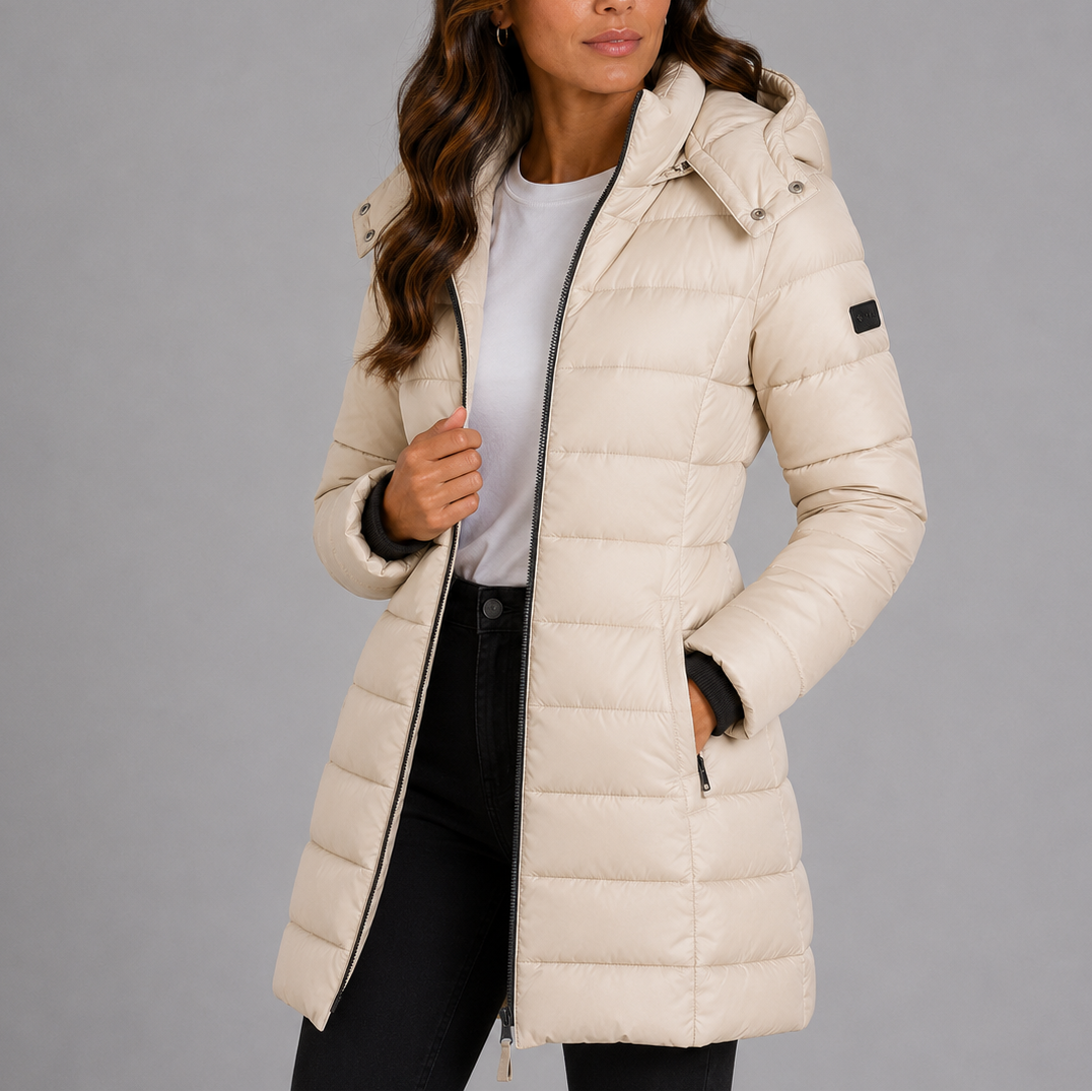 Lång vinterjacka dam med huva, vadderad och quiltad puffer, varm till höst och vinter - täckjacka - Beige