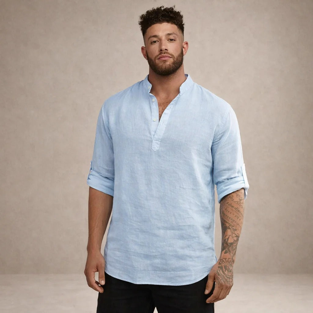 Långärmad linneskjorta herr med ståkrage, ledig sommarskjorta till stranden och semestern - view 10