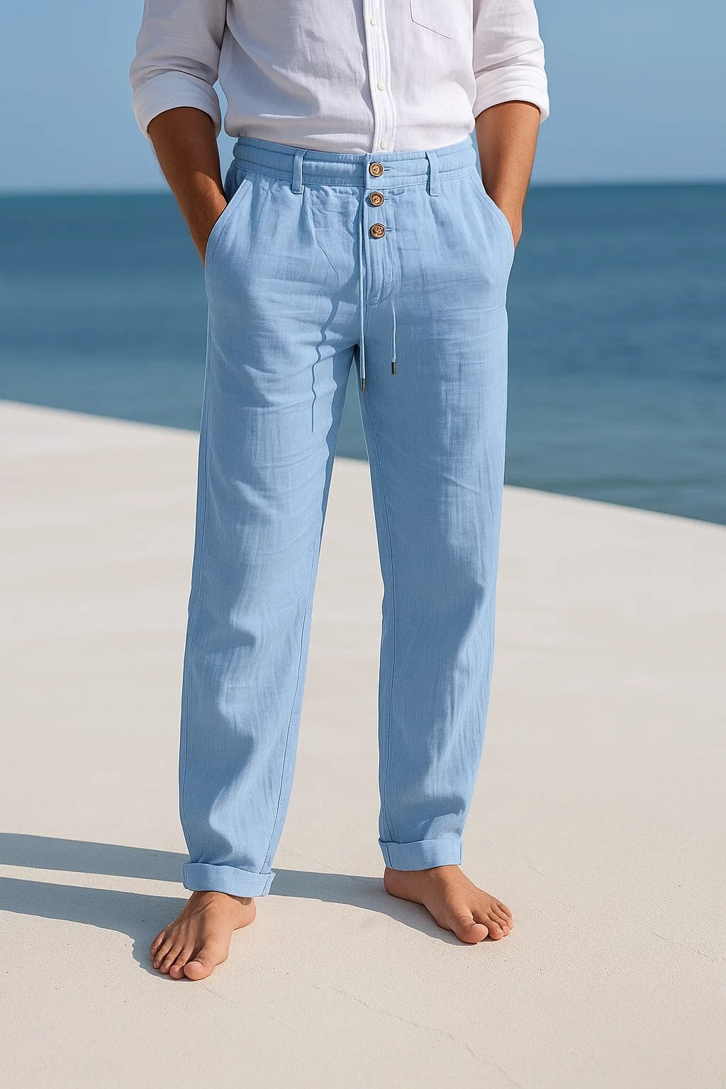 Linnebyxor herr, lätta sommarbyxor med dragsko, till stranden och semestern - Ljusblå