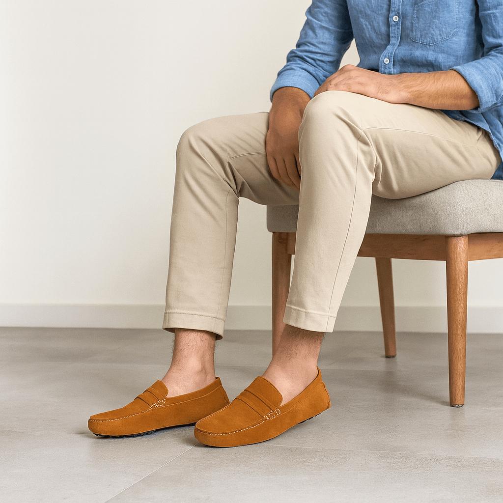 Loafers herr i mocka, italienskt inspirerade penny loafers till kostym och vardag - Ljusbrun