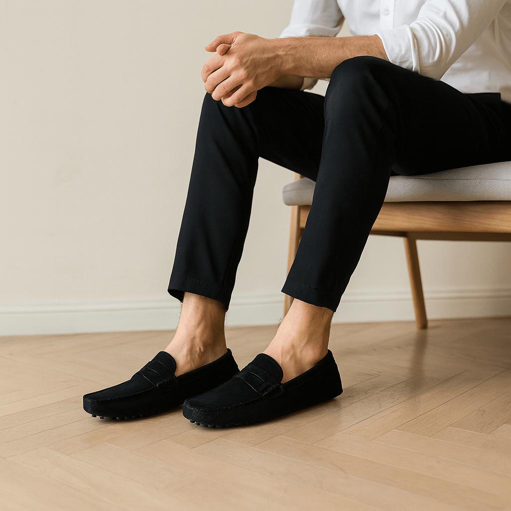 Loafers herr i mocka, italienskt inspirerade penny loafers till kostym och vardag - Svart