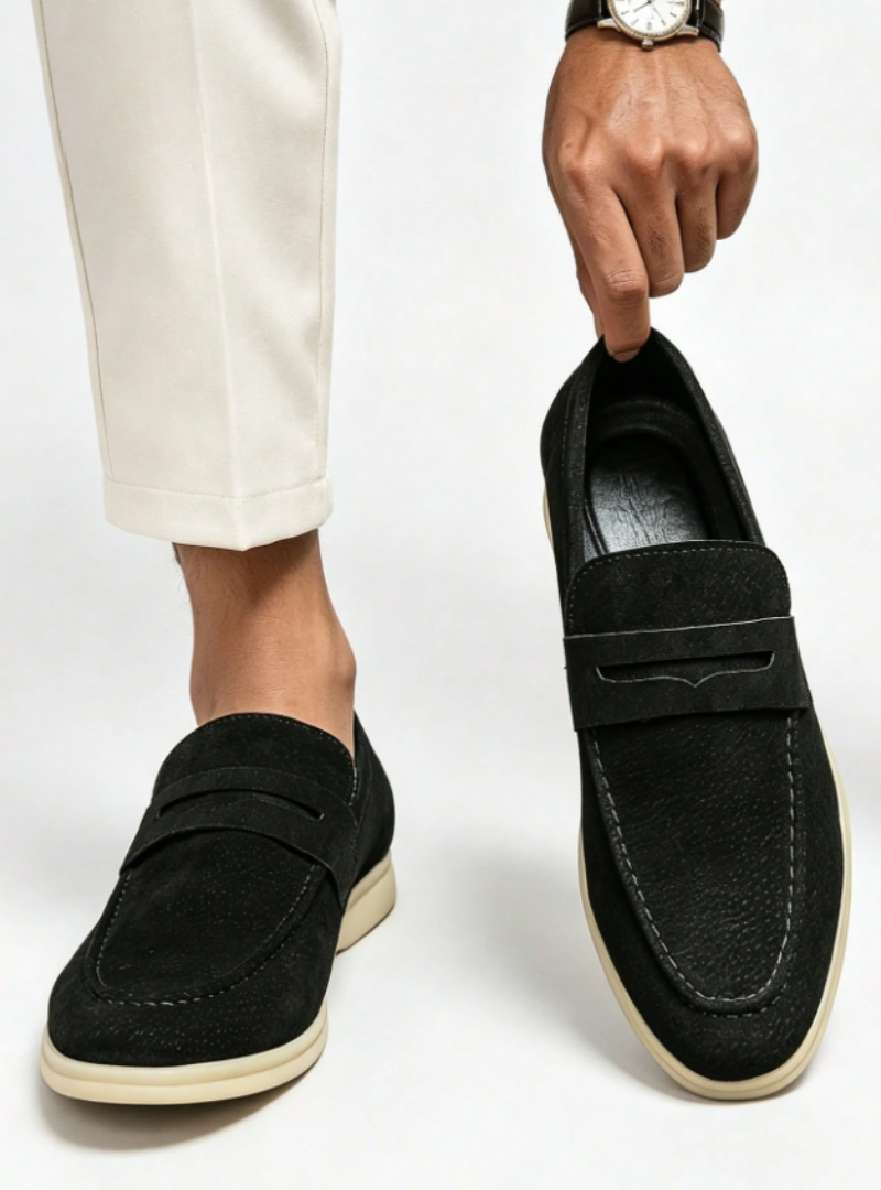 Loafers herr i mocka, penny loafers utan snörning med rundad tå, till kostym och sommar - Svart