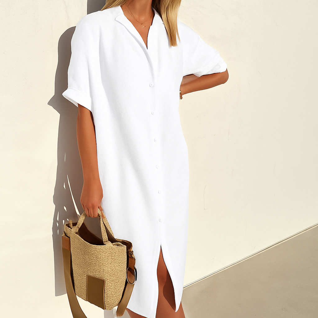 Skjortklänning dam i linne, midi med korta ärmar och knappar - linneklänning och ledig sommarklänning - Vit