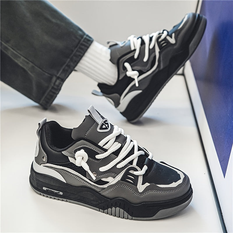 Sneakers herr med geometriskt mönster, låga och snörade, för stan och sport - snygga herrskor - Svart