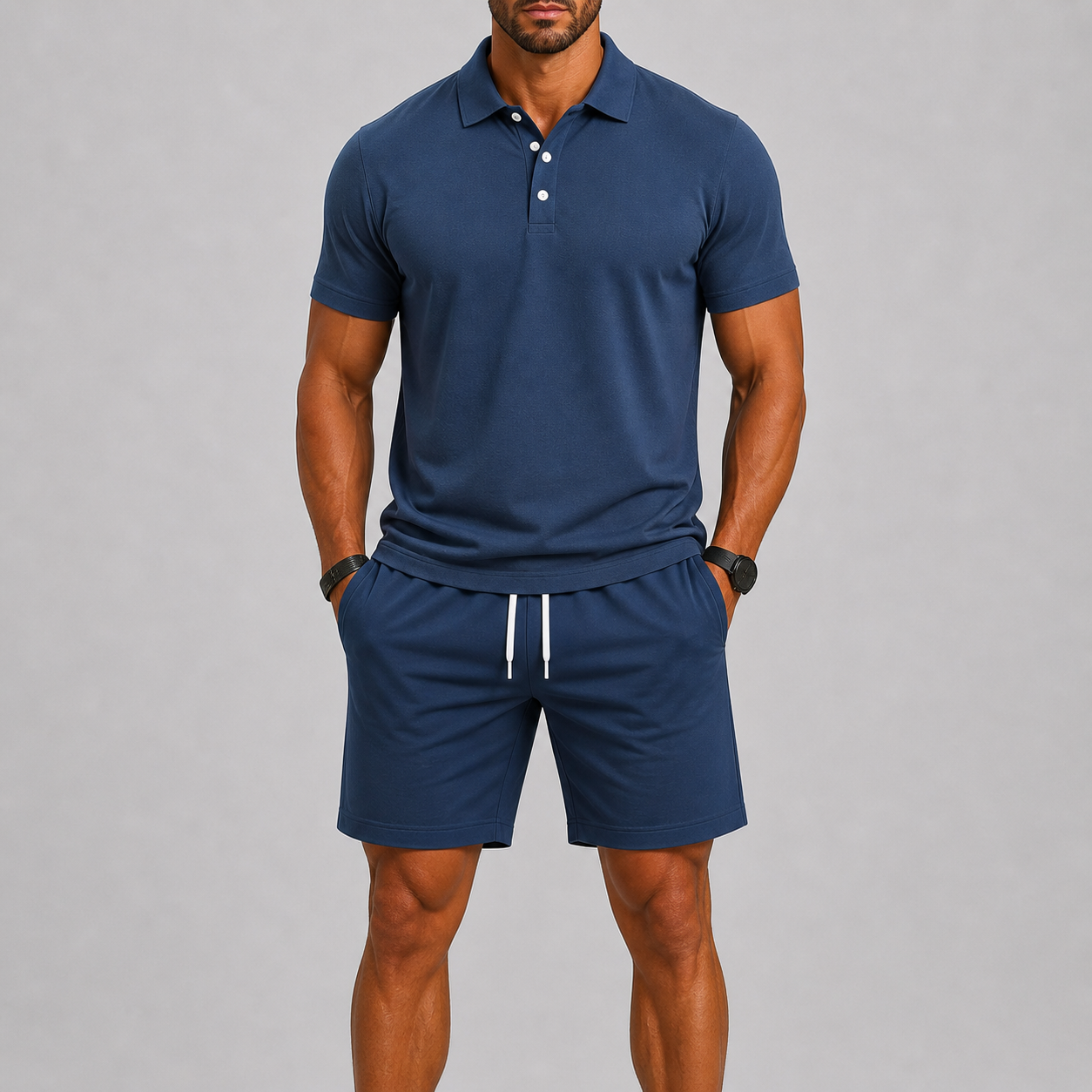 Sportset för herr med kortärmad piké och shorts, lätt och luftigt för sommaren och stranden - Mörkblå