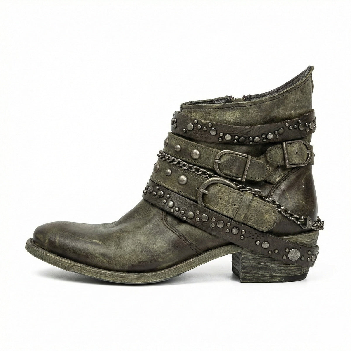 Stövletter dam med nitar, spännen och kedja, vintage boots med klack - view 13