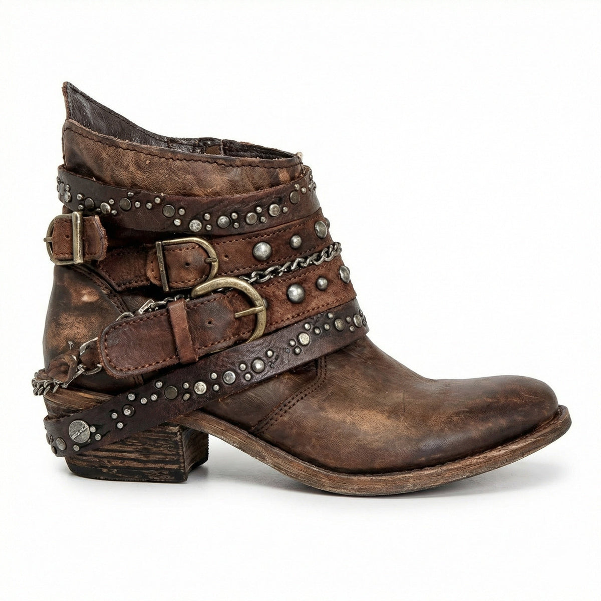 Stövletter dam med nitar, spännen och kedja, vintage boots med klack - Brun