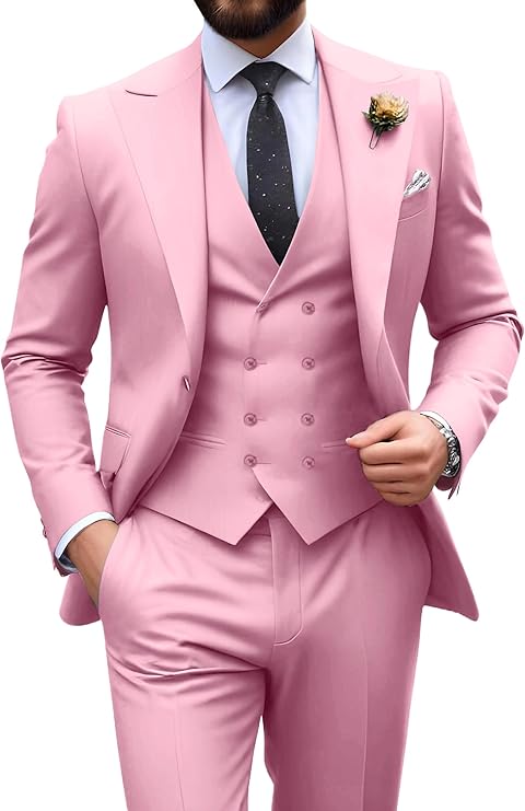 Tredelad kostym för herr i slim fit med toppslag, till bröllop och fest - Rosa
