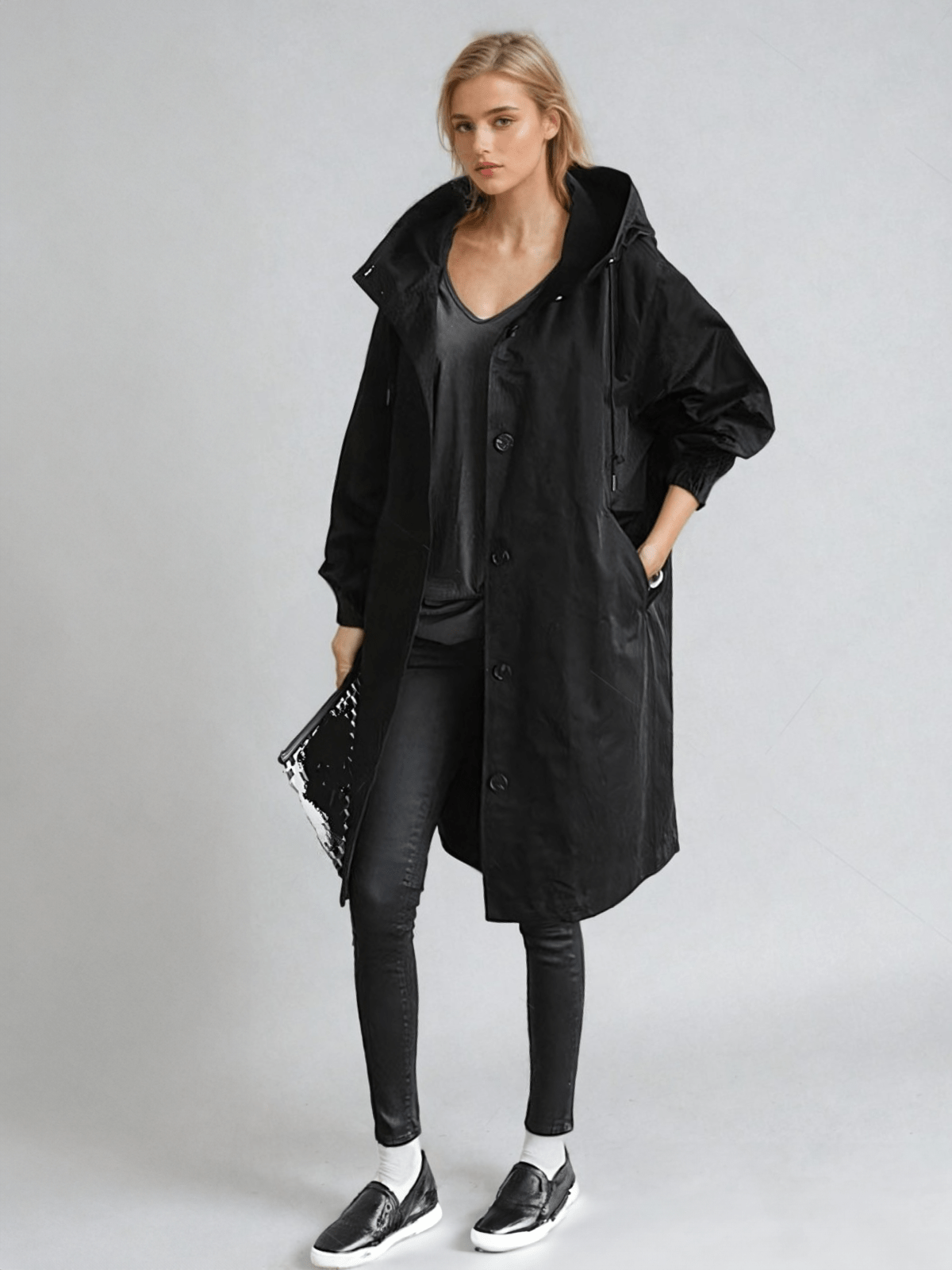 Trenchcoat dam med huva, lång oversize kappa till höst och vår - Svart