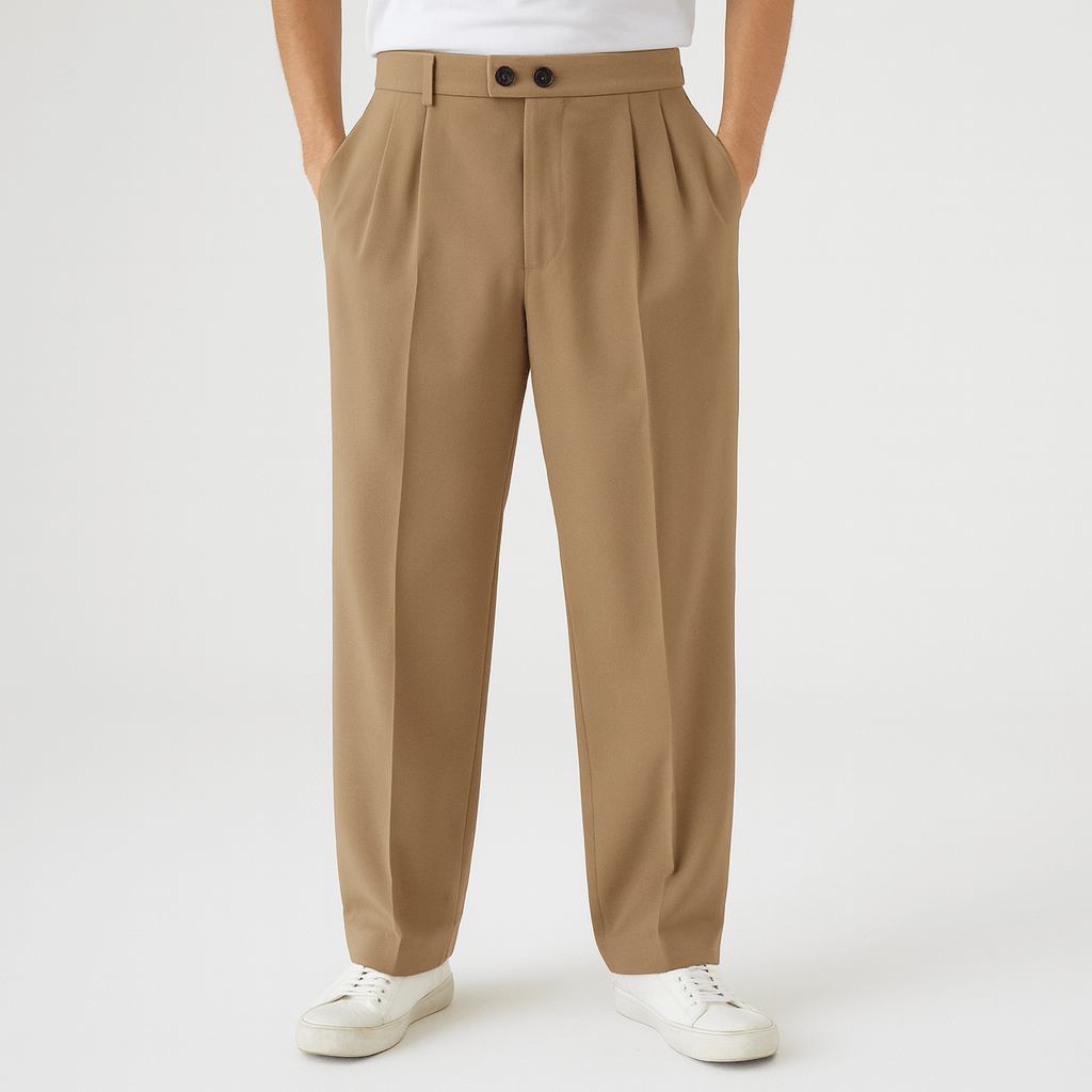 Vida kostymbyxor herr med veck, luftiga byxor med loose fit och hög midja - Khaki
