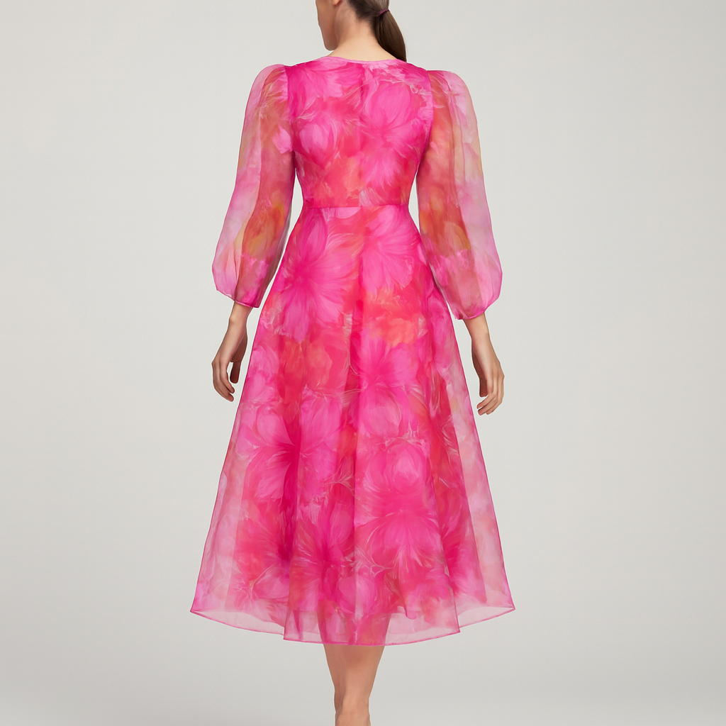 Platomer | Blommig midiklänning med puffärmar