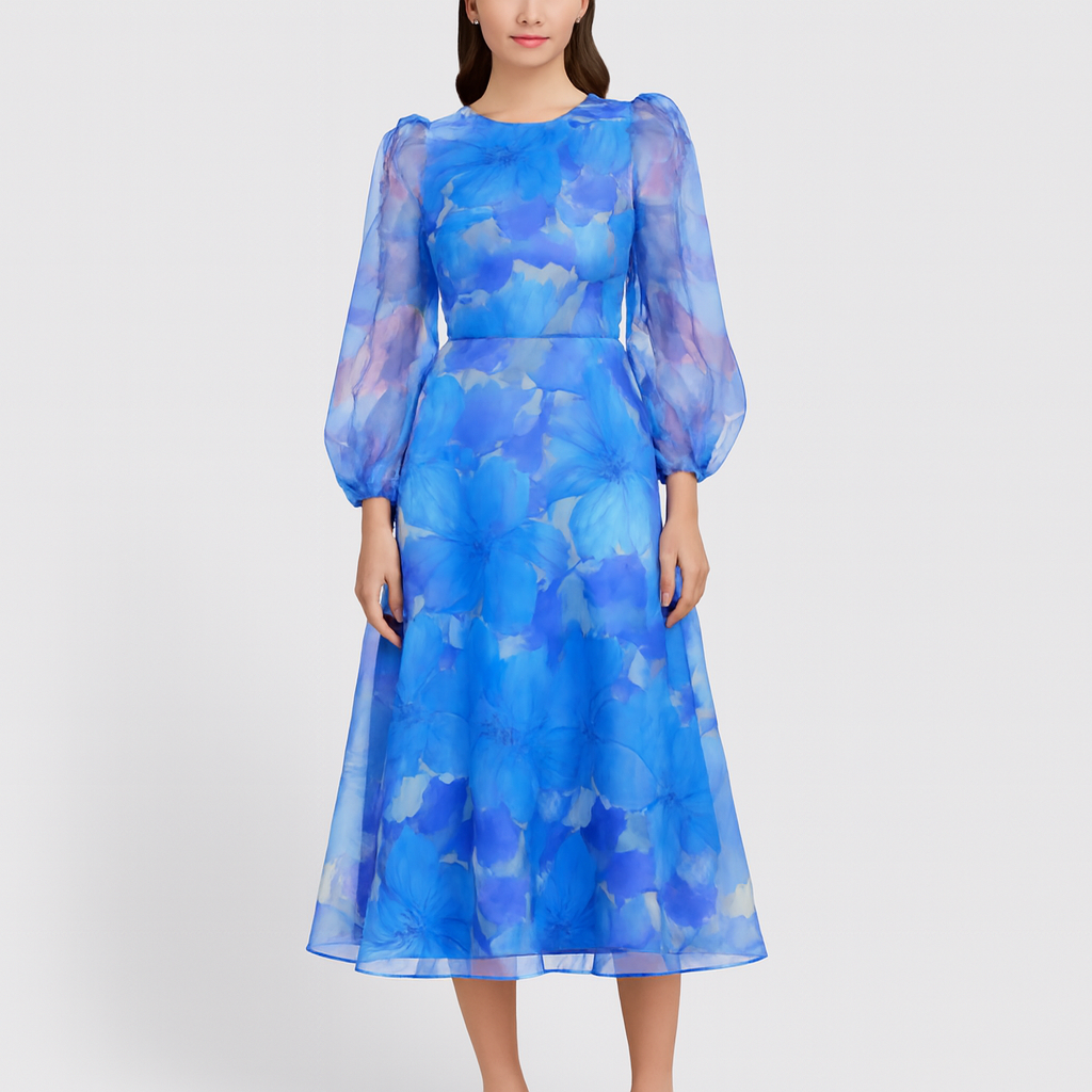 Platomer | Blommig midiklänning med puffärmar