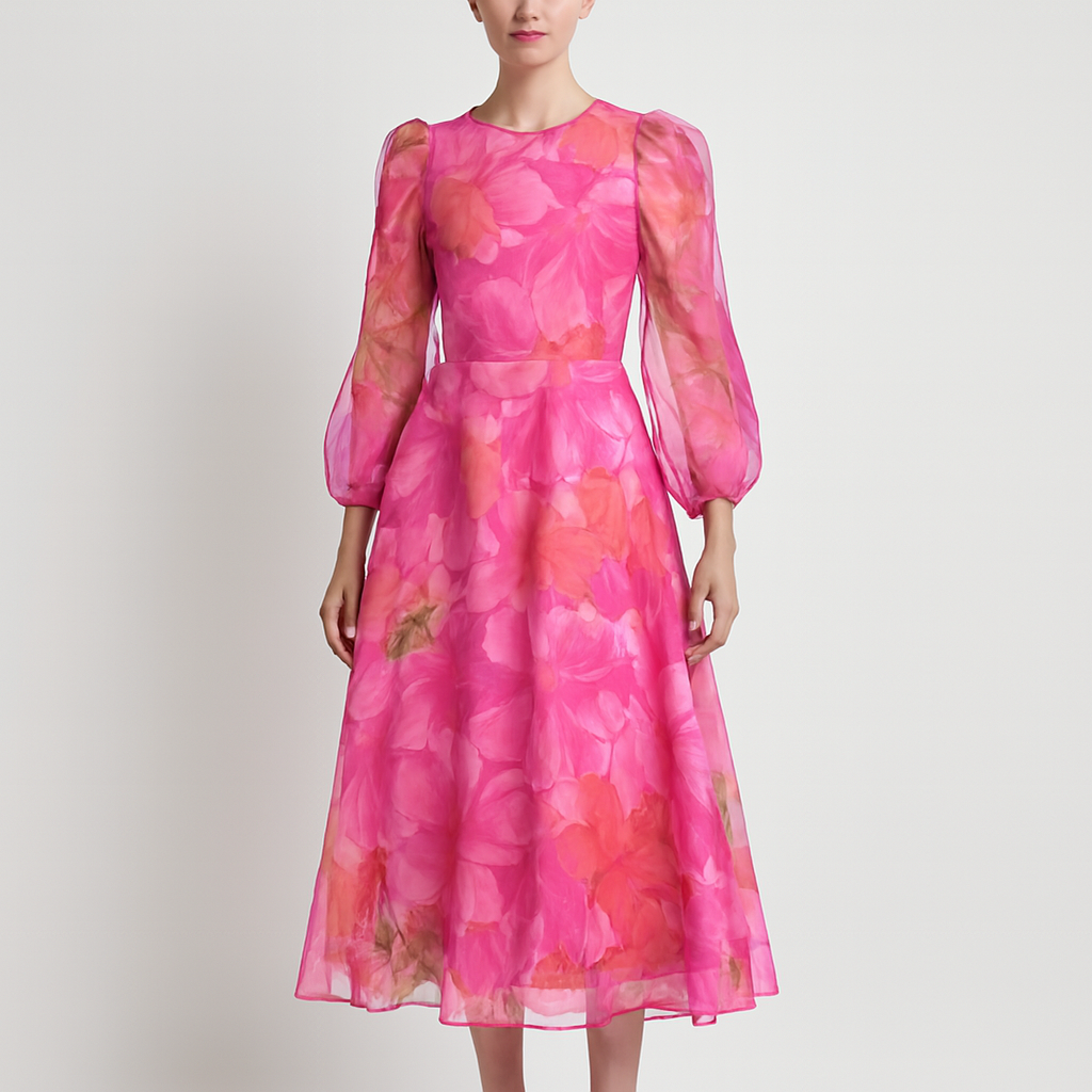 Platomer | Blommig midiklänning med puffärmar