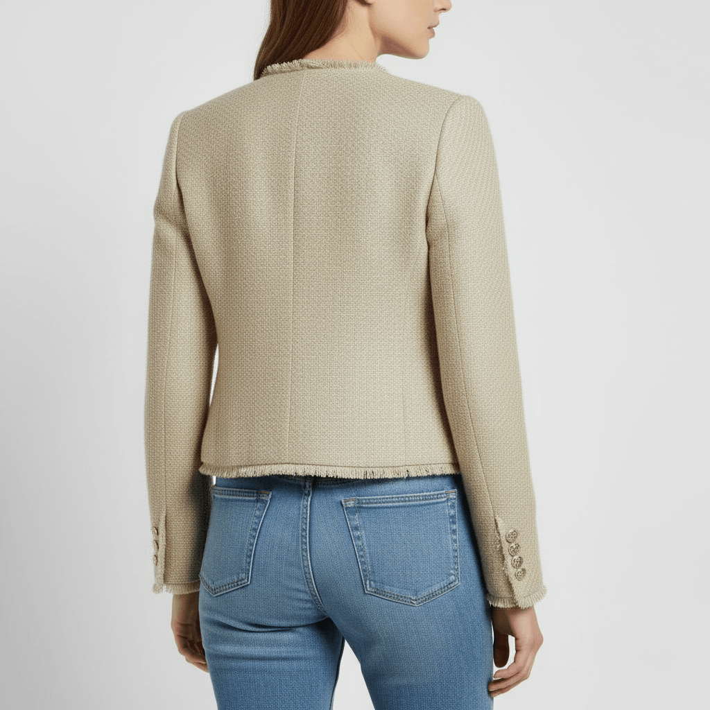 Platomer | Skräddarsydd bouclé kavaj med guldfärgade knappar