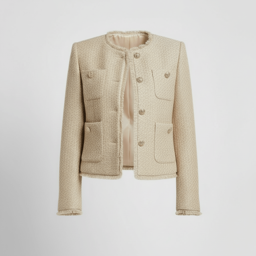 Platomer | Skräddarsydd bouclé kavaj med guldfärgade knappar