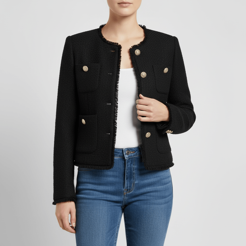 Platomer | Skräddarsydd bouclé kavaj med guldfärgade knappar