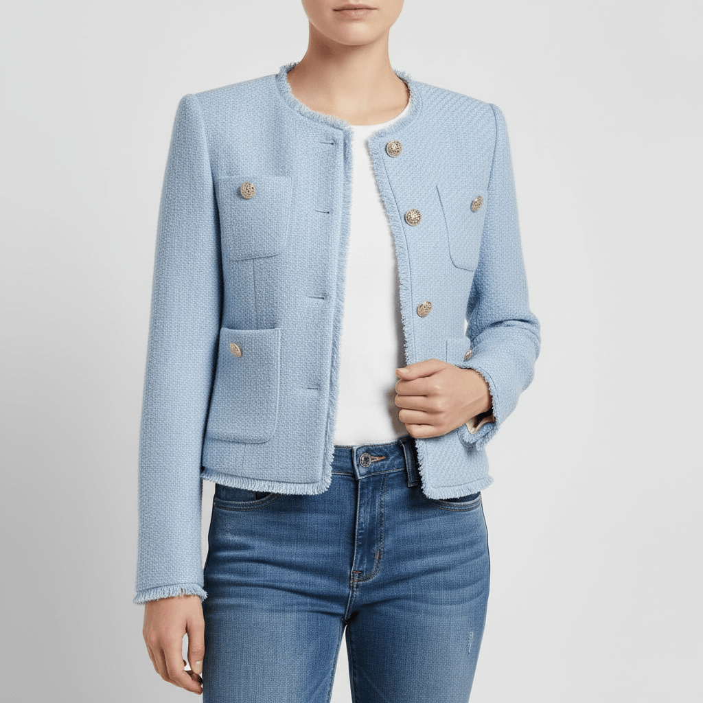 Platomer | Skräddarsydd bouclé kavaj med guldfärgade knappar