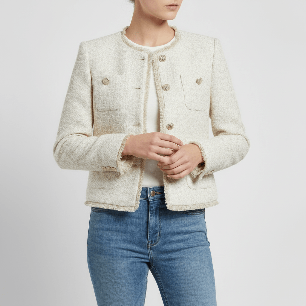 Platomer | Skräddarsydd bouclé kavaj med guldfärgade knappar