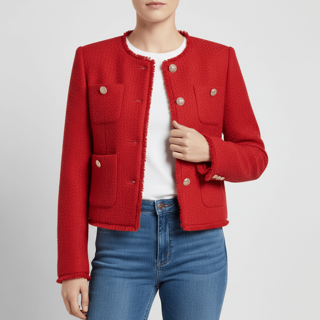 Platomer | Skräddarsydd bouclé kavaj med guldfärgade knappar