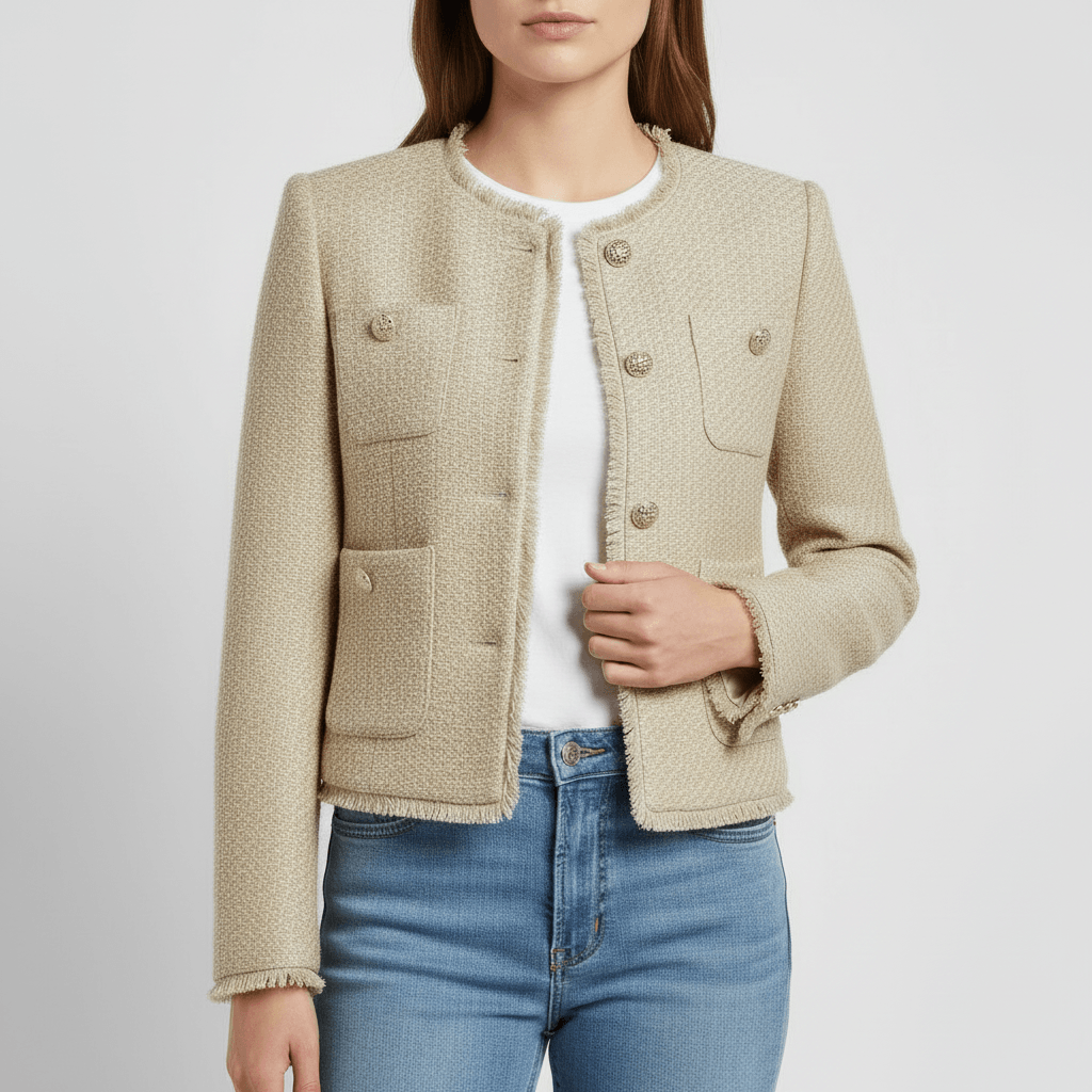 Platomer | Skräddarsydd bouclé kavaj med guldfärgade knappar