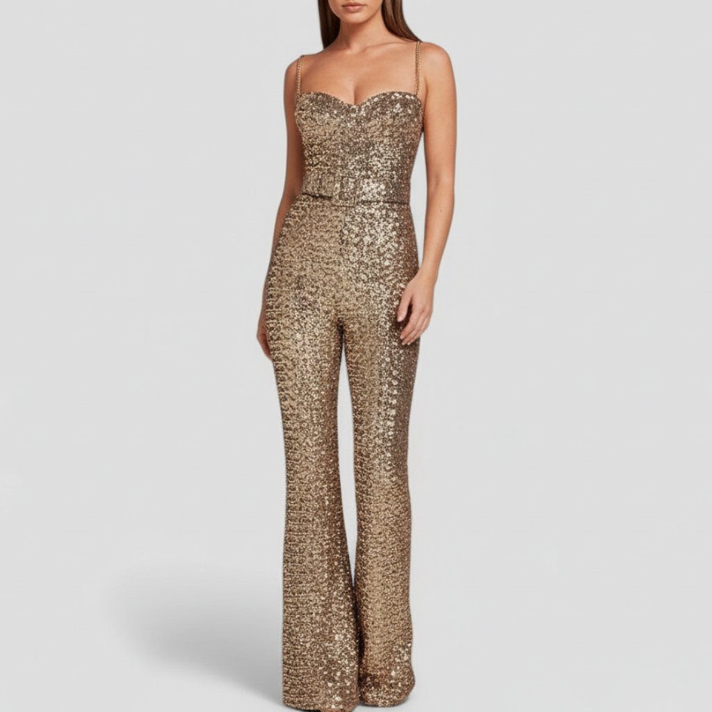 Platomer | Utsvängda ben, justerbara remmar, paljetter ealegant jumpsuit