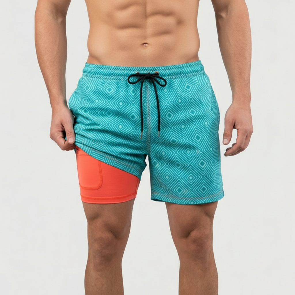 Badshorts herr med innerbyxa och kompression, snabbtorkande med ficka, för simning och stranden - Blågrön