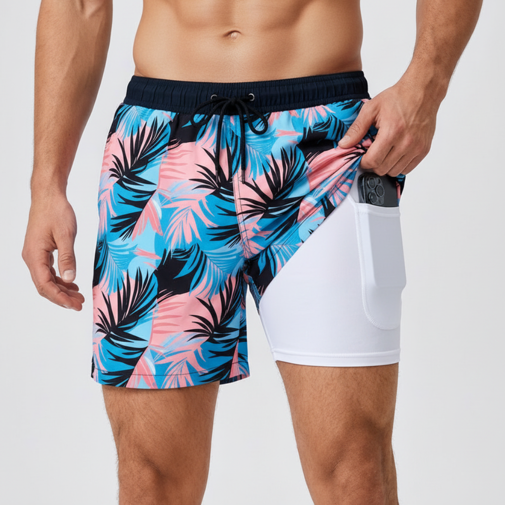 Badshorts herr med innerbyxa och kompression, snabbtorkande med ficka, för simning och stranden - Ljusblå