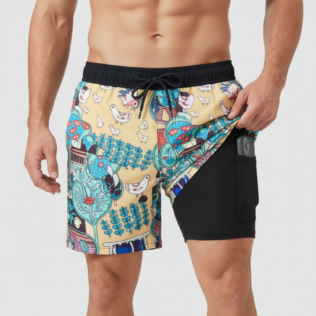 Badshorts herr med innerbyxa och kompression, snabbtorkande med ficka, för simning och stranden - Ljusgul