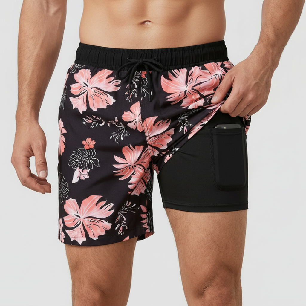 Badshorts herr med innerbyxa och kompression, snabbtorkande med ficka, för simning och stranden - Ljusrosa