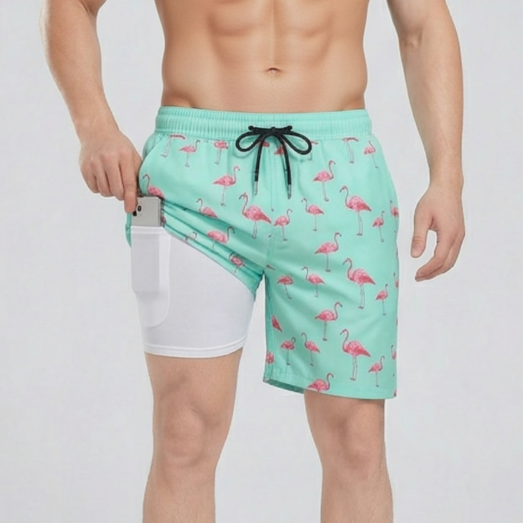 Badshorts herr med innerbyxa och kompression, snabbtorkande med ficka, för simning och stranden - Mintgrön