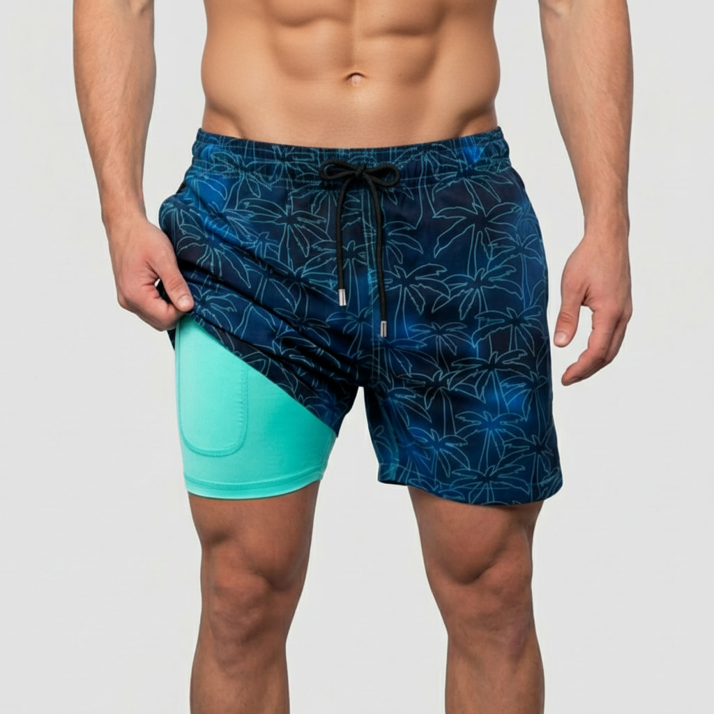 Badshorts herr med innerbyxa och kompression, snabbtorkande med ficka, för simning och stranden - Mörkblå