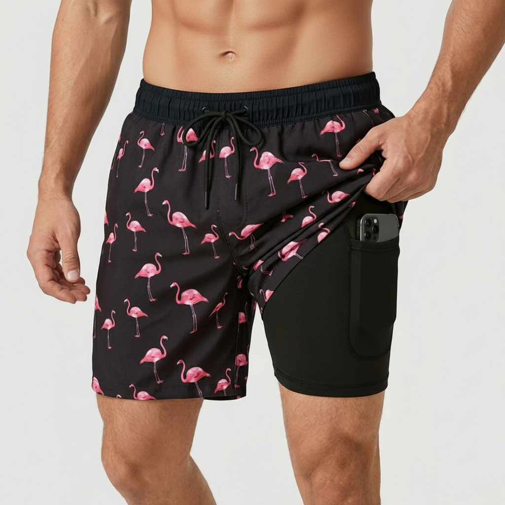 Badshorts herr med innerbyxa och kompression, snabbtorkande med ficka, för simning och stranden - Svart
