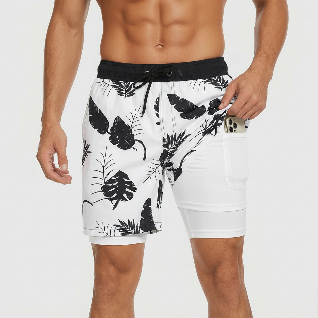Badshorts herr med innerbyxa och kompression, snabbtorkande med ficka, för simning och stranden - Vit