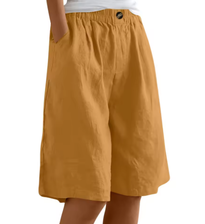 Bermudashorts för dam med resår i midjan, knälånga och ledigt sittande, för sommar och semester - Gul