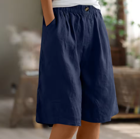Bermudashorts för dam med resår i midjan, knälånga och ledigt sittande, för sommar och semester - Marinblå