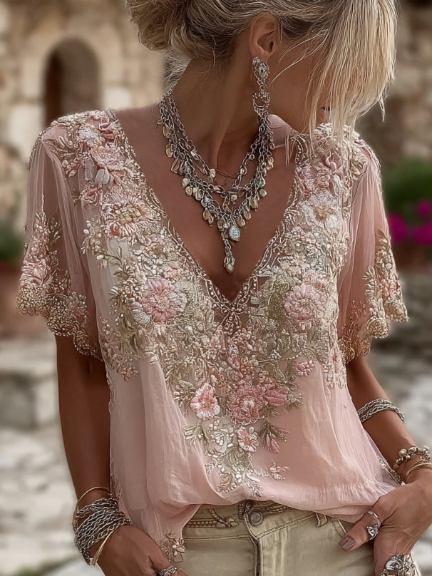 Broderad blommig blus för dam med v-ringad dekolt, kortärmad festblus till sommaren - Rosa