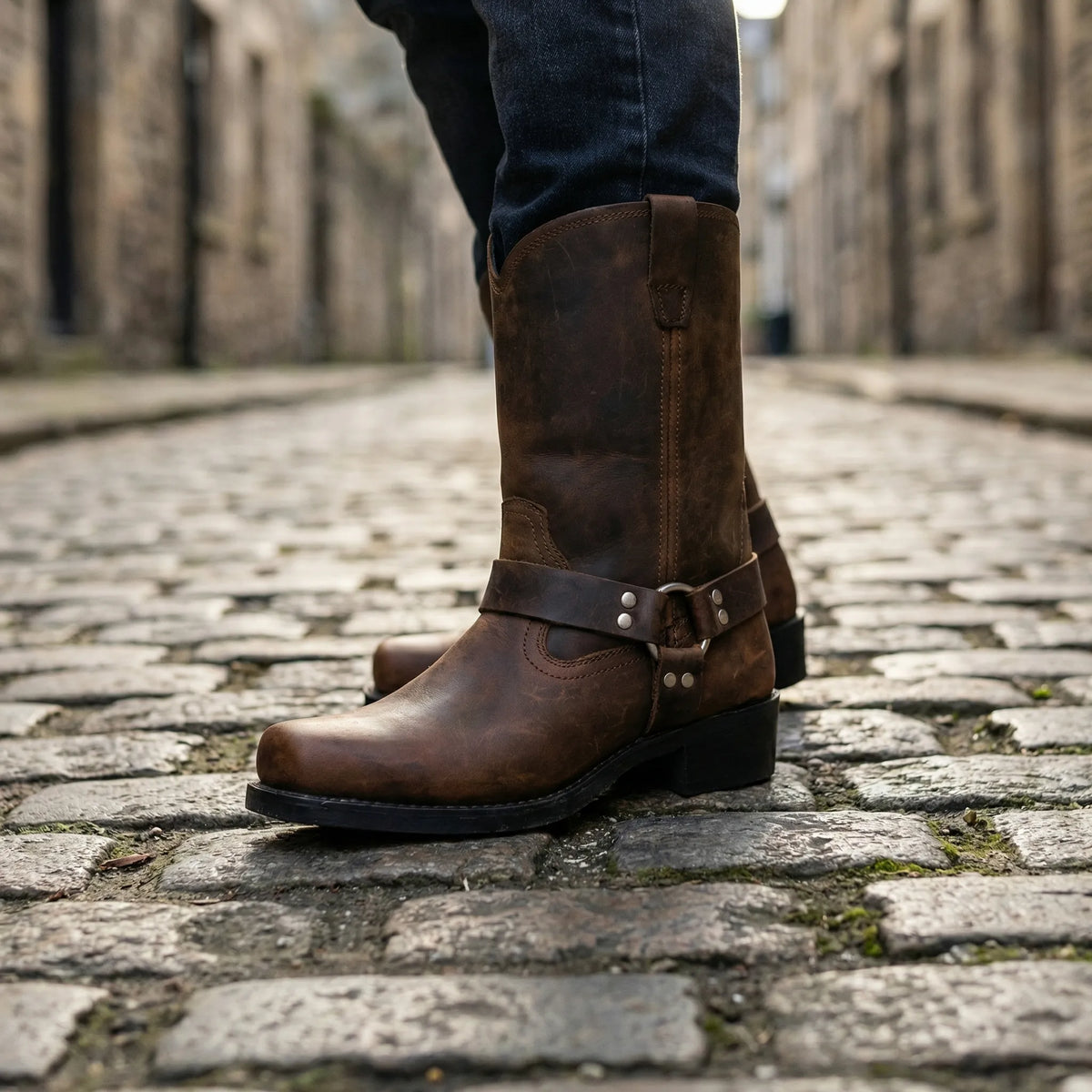 Cowboystövlar herr i läder med harness-spänne, vintage western - höga läderkängor - view 4