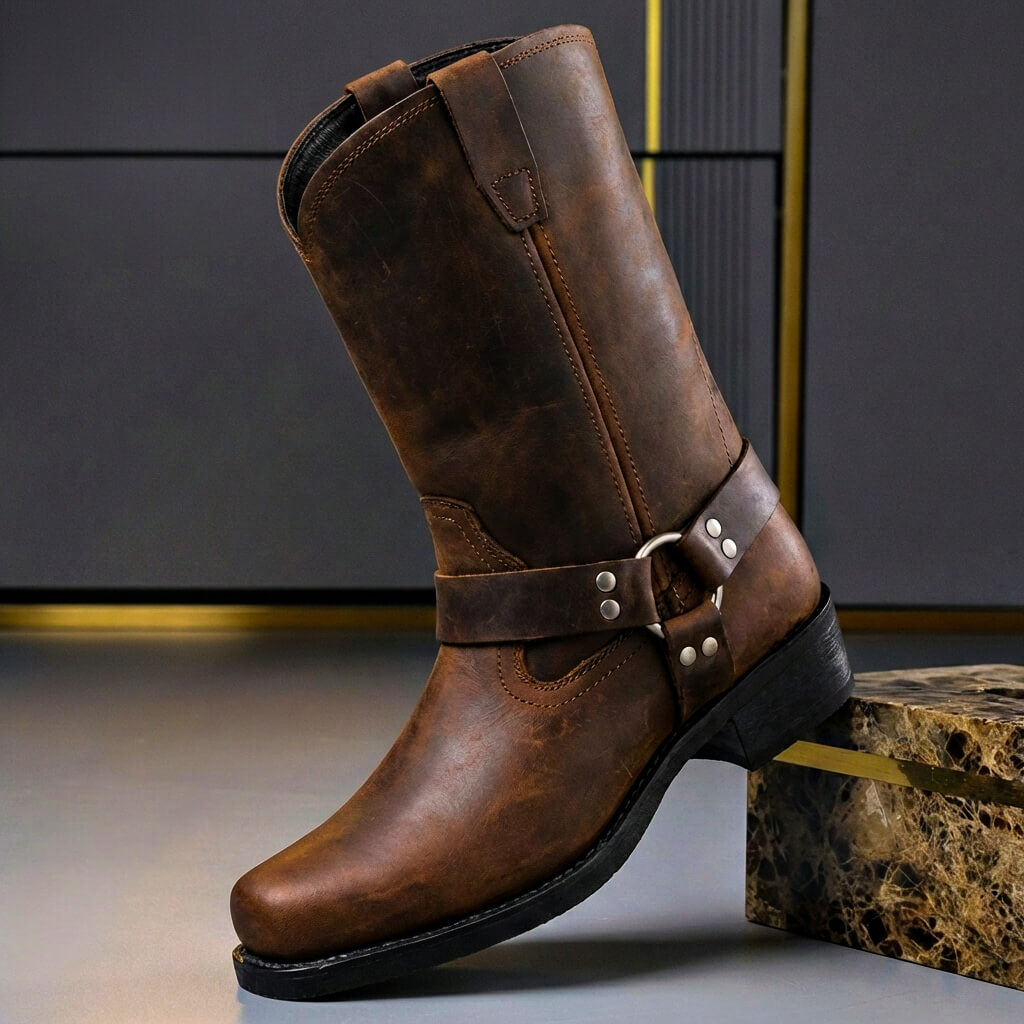 Cowboystövlar herr i läder med harness-spänne, vintage western - höga läderkängor - view 5